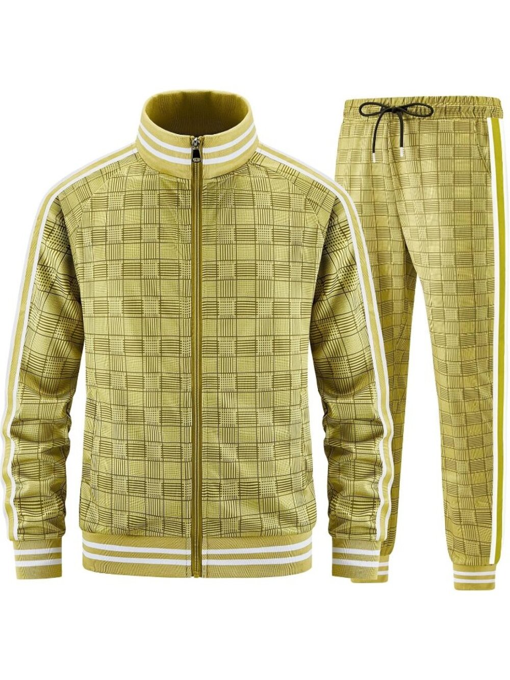 Men's 2 Piece Suit Yellow Slant Pocket Long Sleeve Zipper Track Jackets Pants